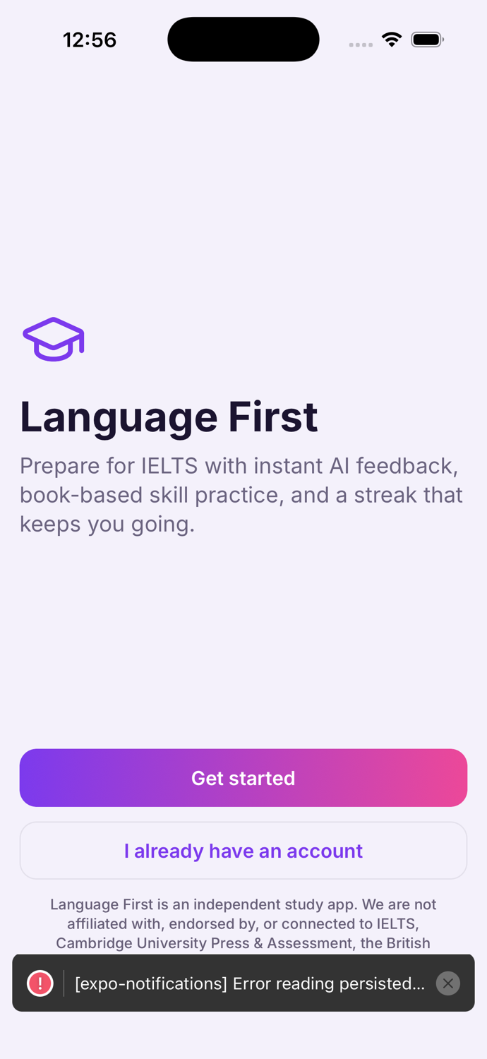 Language First home screen showing a personalised practice plan