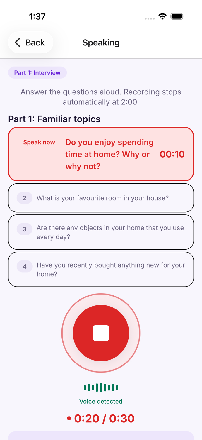 Speaking practice screen with a live question and recording controls